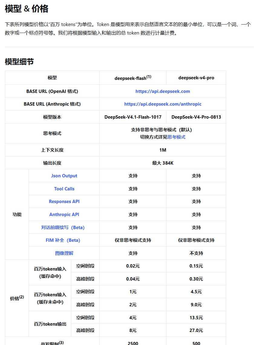 DeepSeek 官方 API 定价页截图：deepseek-flash 与 deepseek-v4-pro 的百万 tokens 输入输出价格，2026 年 10 月