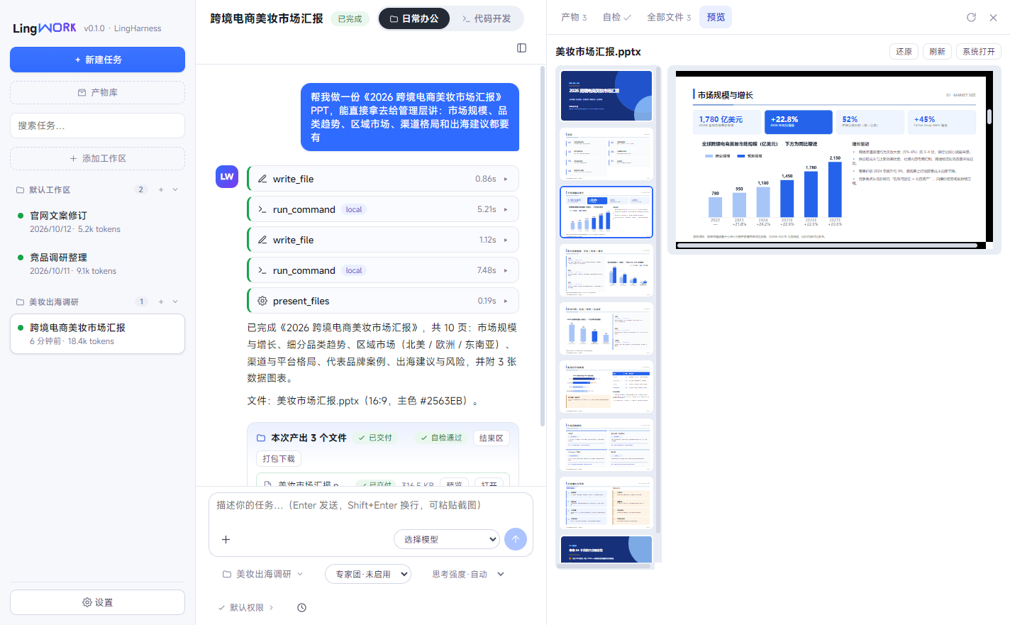 LingWork 智能体工作台真实界面：左侧任务列表按工作区分组，中间为对话流、工具调用与产物交付卡片，右侧内嵌 PPT 富预览